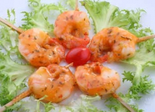 Skewered marinated Vannamei shrimps